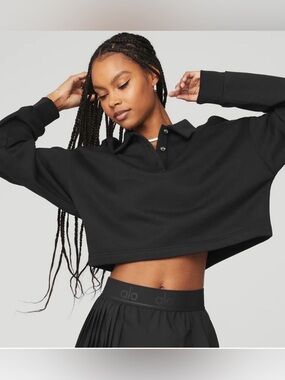 ALO Yoga Black Cropped Polo Henley Pullover